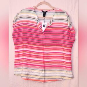 Olsen XL(16), V neck, vertical strips in pinks and greys.